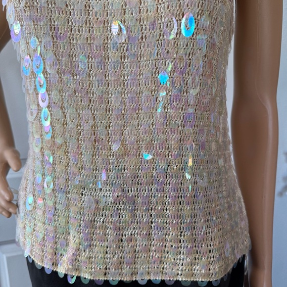 John Paul Richard cream pailette iridescent sequin fine knit  tank top M - Picture 3 of 8